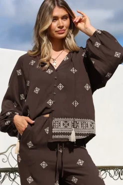 Elowen Blouse - Mandarin Collar Button Down with Neck Tie and Tassels in Vesper Print Brown><noscript><img width=