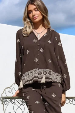 Elowen Blouse - Mandarin Collar Button Down with Neck Tie and Tassels in Vesper Print Brown><noscript><img width=