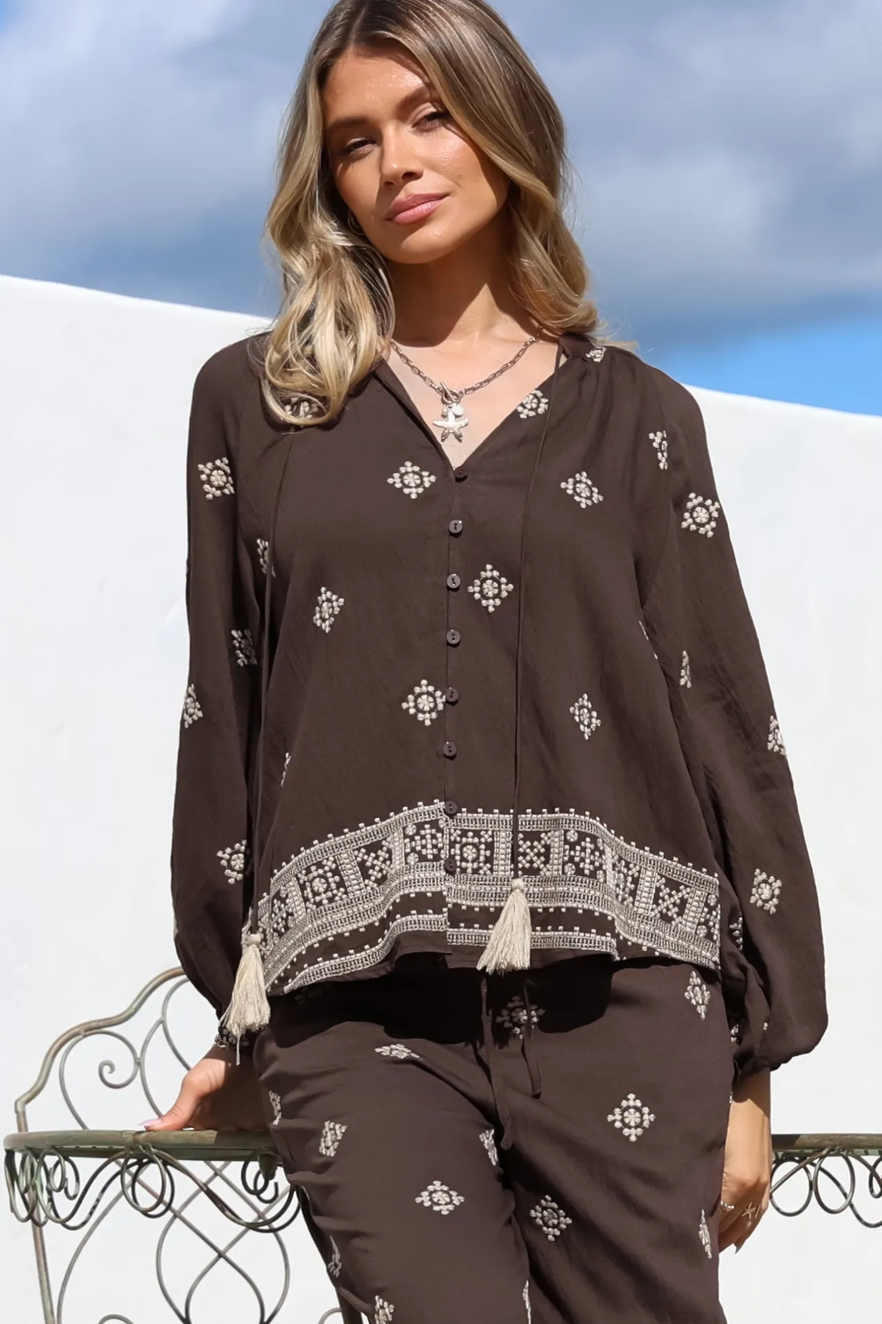 Elowen Blouse - Mandarin Collar Button Down with Neck Tie and Tassels in Vesper Print Brown>Salty Crush Hot