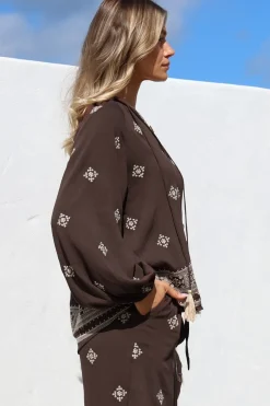 Elowen Blouse - Mandarin Collar Button Down with Neck Tie and Tassels in Vesper Print Brown><noscript><img width=