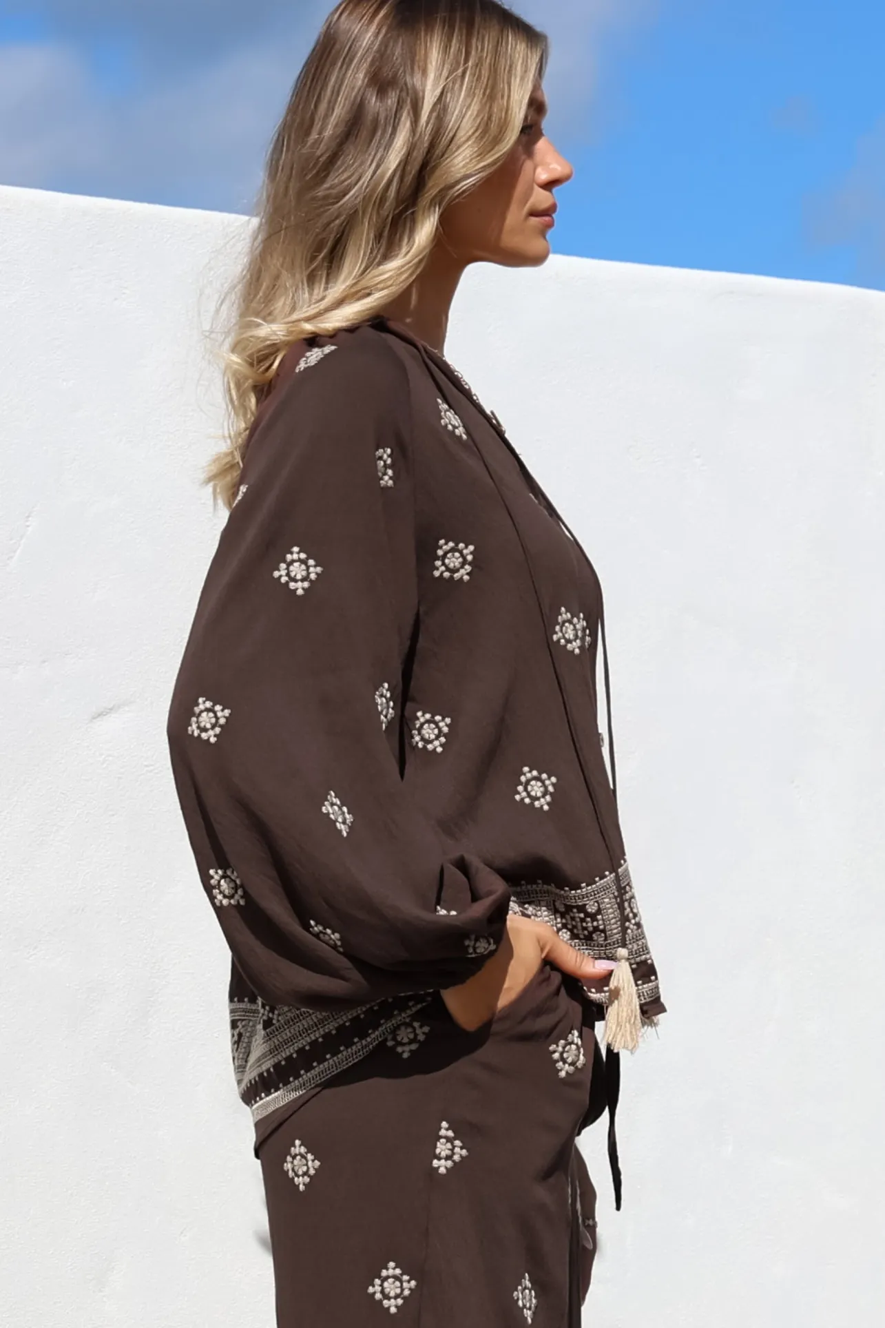 Elowen Blouse - Mandarin Collar Button Down with Neck Tie and Tassels in Vesper Print Brown>Salty Crush Hot