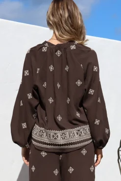Elowen Blouse - Mandarin Collar Button Down with Neck Tie and Tassels in Vesper Print Brown><noscript><img width=