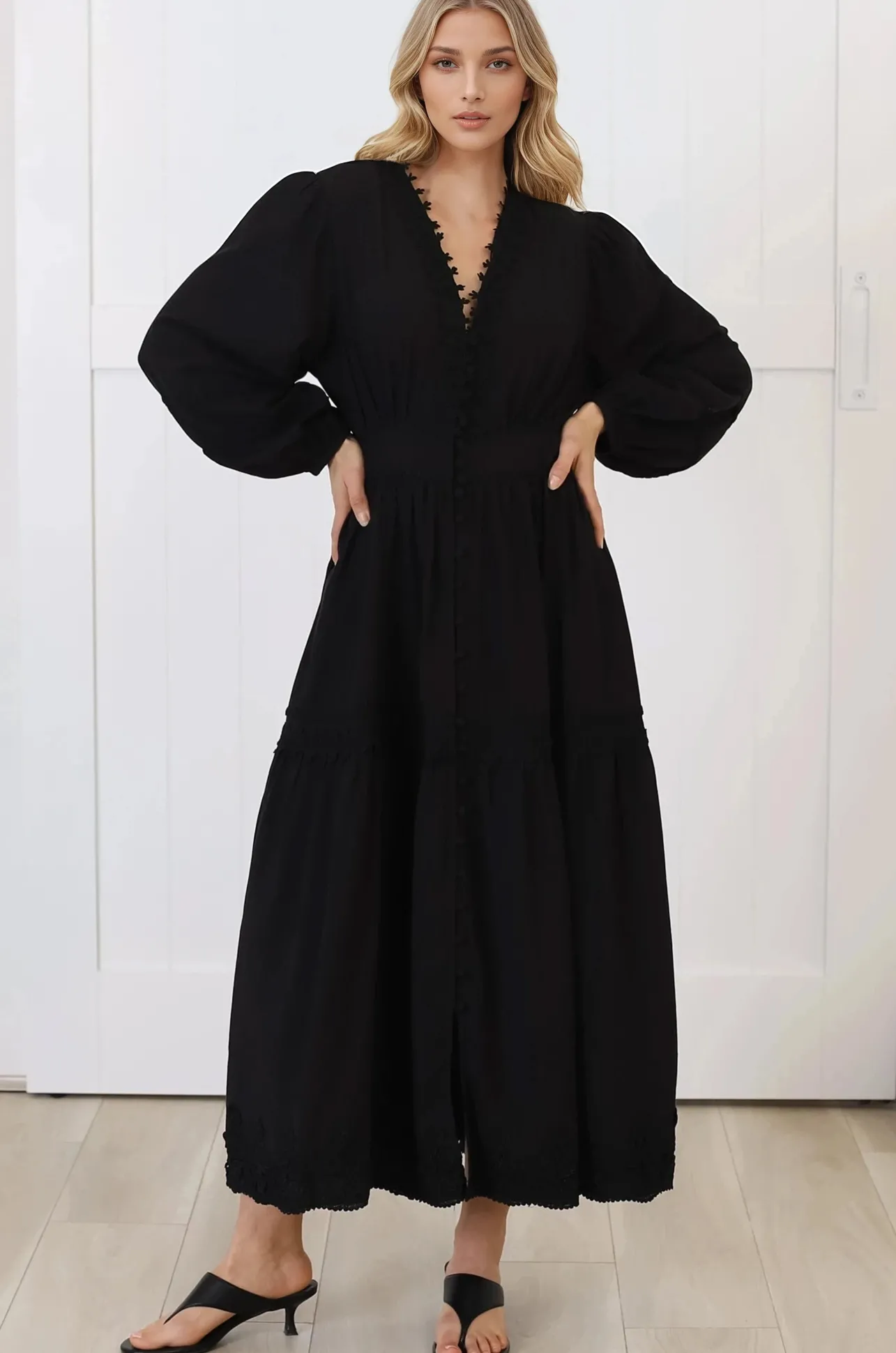 Elowyn Midi Dress - Floral Lace Trim Button Down A Line Dress with Balloon Sleeves in Black>Salty Crush Outlet