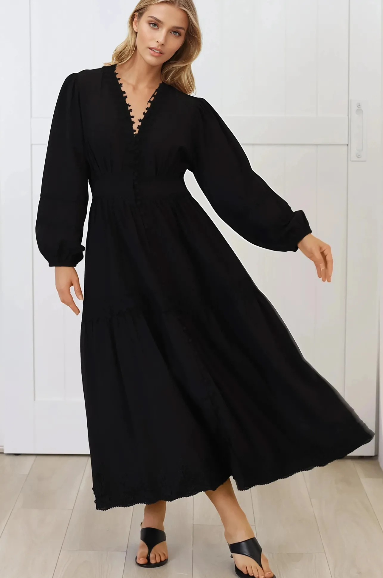 Elowyn Midi Dress - Floral Lace Trim Button Down A Line Dress with Balloon Sleeves in Black>Salty Crush Outlet