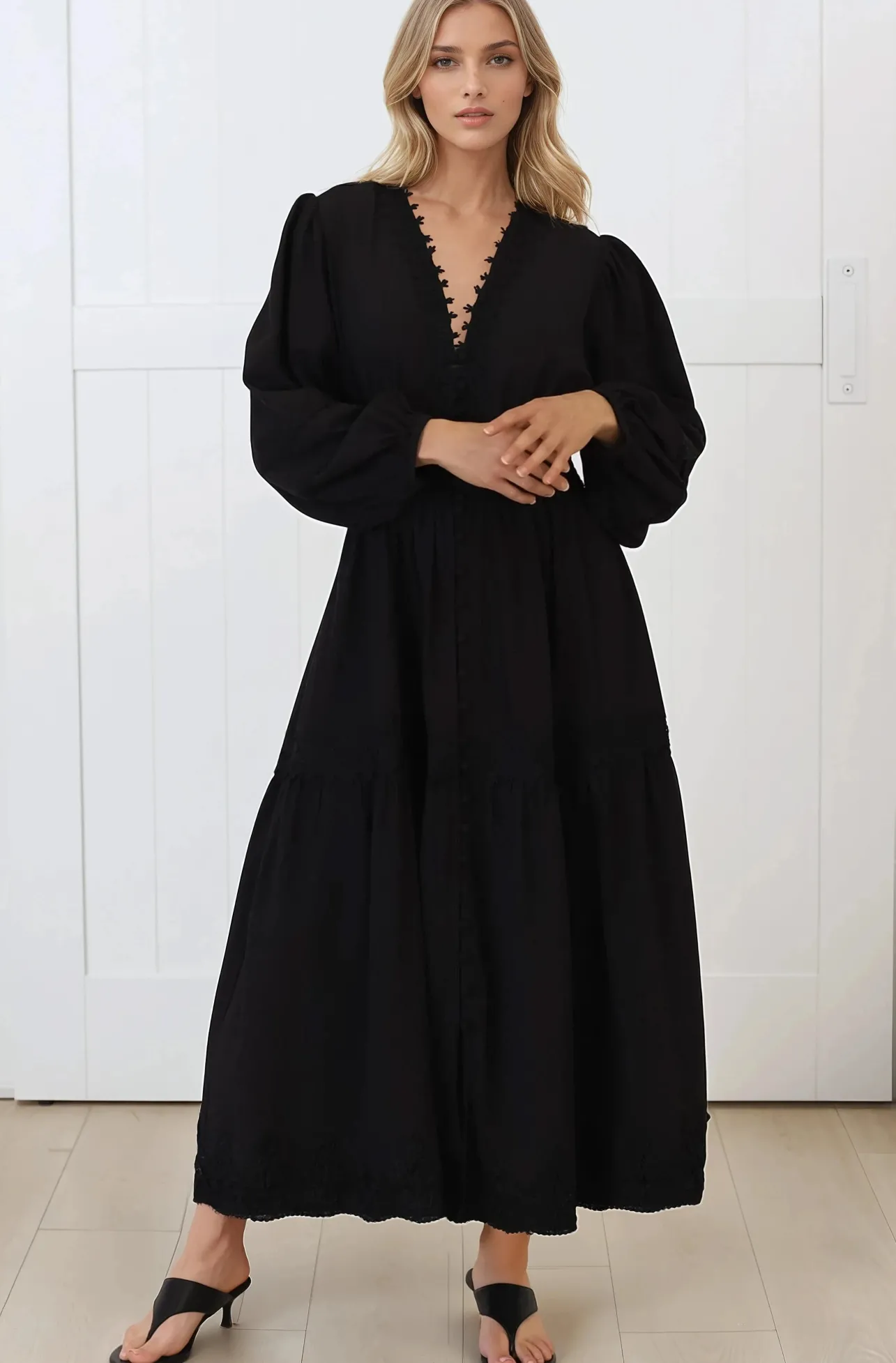 Elowyn Midi Dress - Floral Lace Trim Button Down A Line Dress with Balloon Sleeves in Black>Salty Crush Outlet