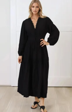 Elowyn Midi Dress - Floral Lace Trim Button Down A Line Dress with Balloon Sleeves in Black><noscript><img width=