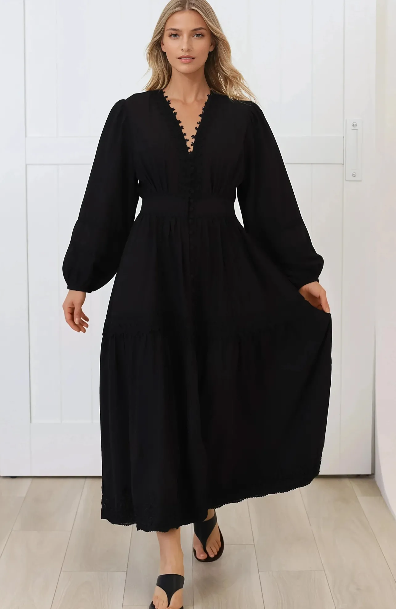 Elowyn Midi Dress - Floral Lace Trim Button Down A Line Dress with Balloon Sleeves in Black>Salty Crush Outlet