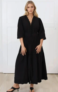 Elowyn Midi Dress - Floral Lace Trim Button Down A Line Dress with Balloon Sleeves in Black><noscript><img width=
