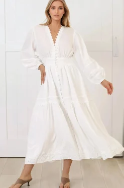 Elowyn Midi Dress - Floral Lace Trim Button Down A Line Dress with Balloon Sleeves in White>Salty Crush Online