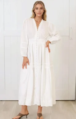 Elowyn Midi Dress - Floral Lace Trim Button Down A Line Dress with Balloon Sleeves in White>Salty Crush Online