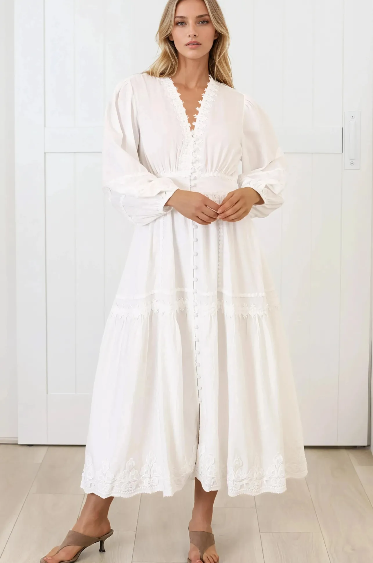 Elowyn Midi Dress - Floral Lace Trim Button Down A Line Dress with Balloon Sleeves in White>Salty Crush Online