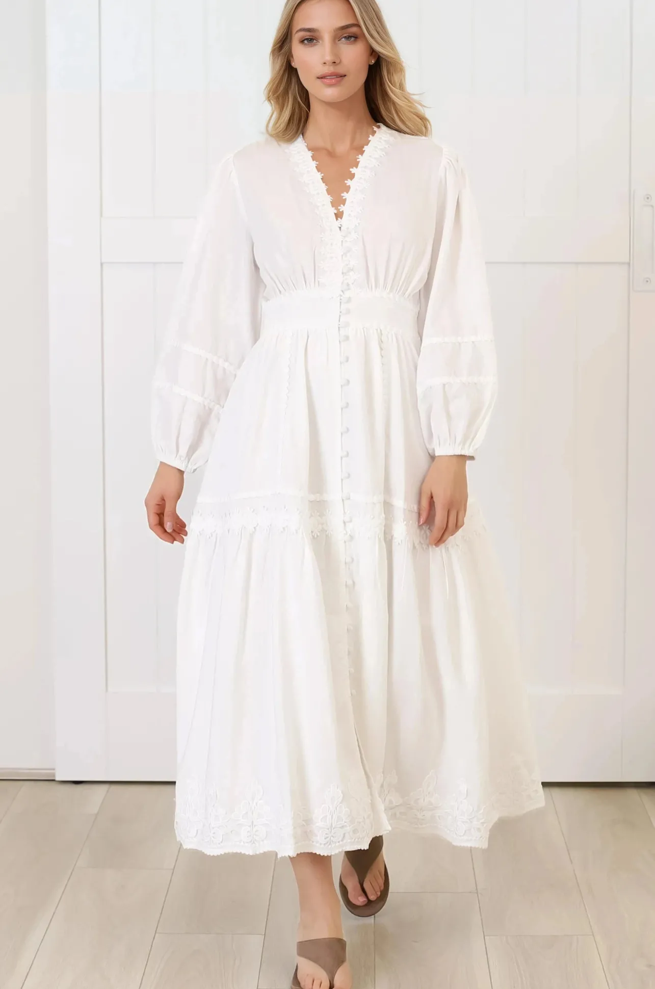 Elowyn Midi Dress - Floral Lace Trim Button Down A Line Dress with Balloon Sleeves in White>Salty Crush Online