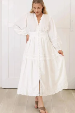 Elowyn Midi Dress - Floral Lace Trim Button Down A Line Dress with Balloon Sleeves in White><noscript><img width=