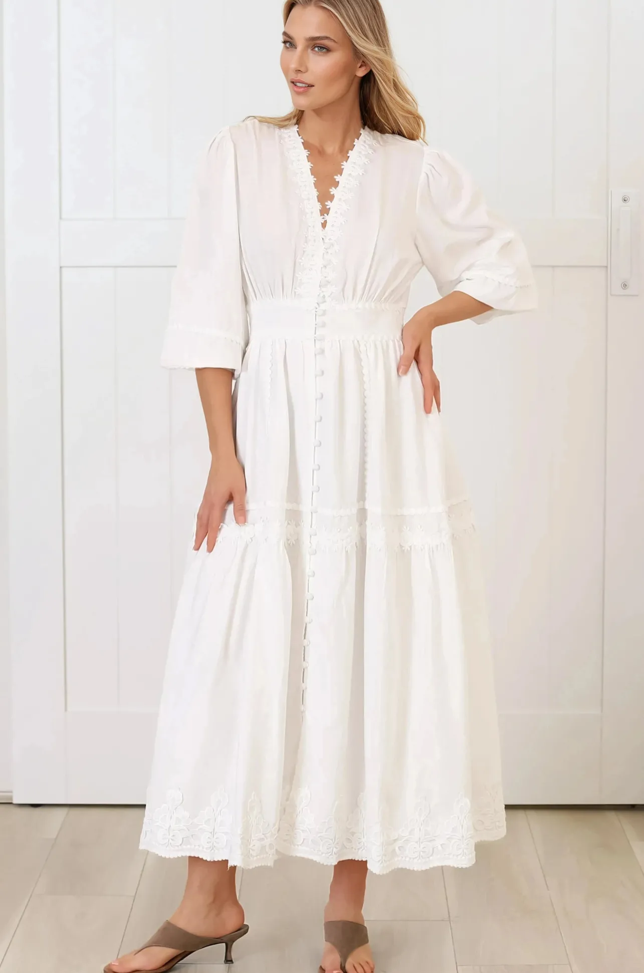 Elowyn Midi Dress - Floral Lace Trim Button Down A Line Dress with Balloon Sleeves in White>Salty Crush Online
