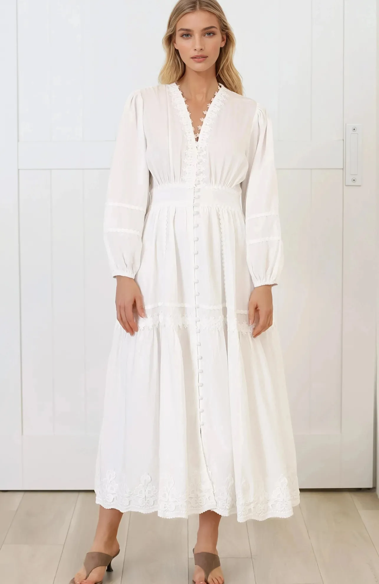 Elowyn Midi Dress - Floral Lace Trim Button Down A Line Dress with Balloon Sleeves in White>Salty Crush Online