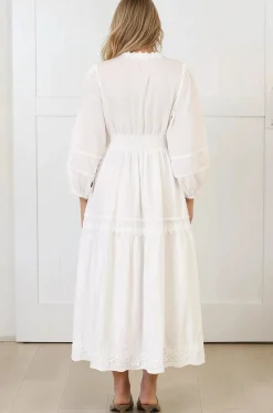 Elowyn Midi Dress - Floral Lace Trim Button Down A Line Dress with Balloon Sleeves in White><noscript><img width=