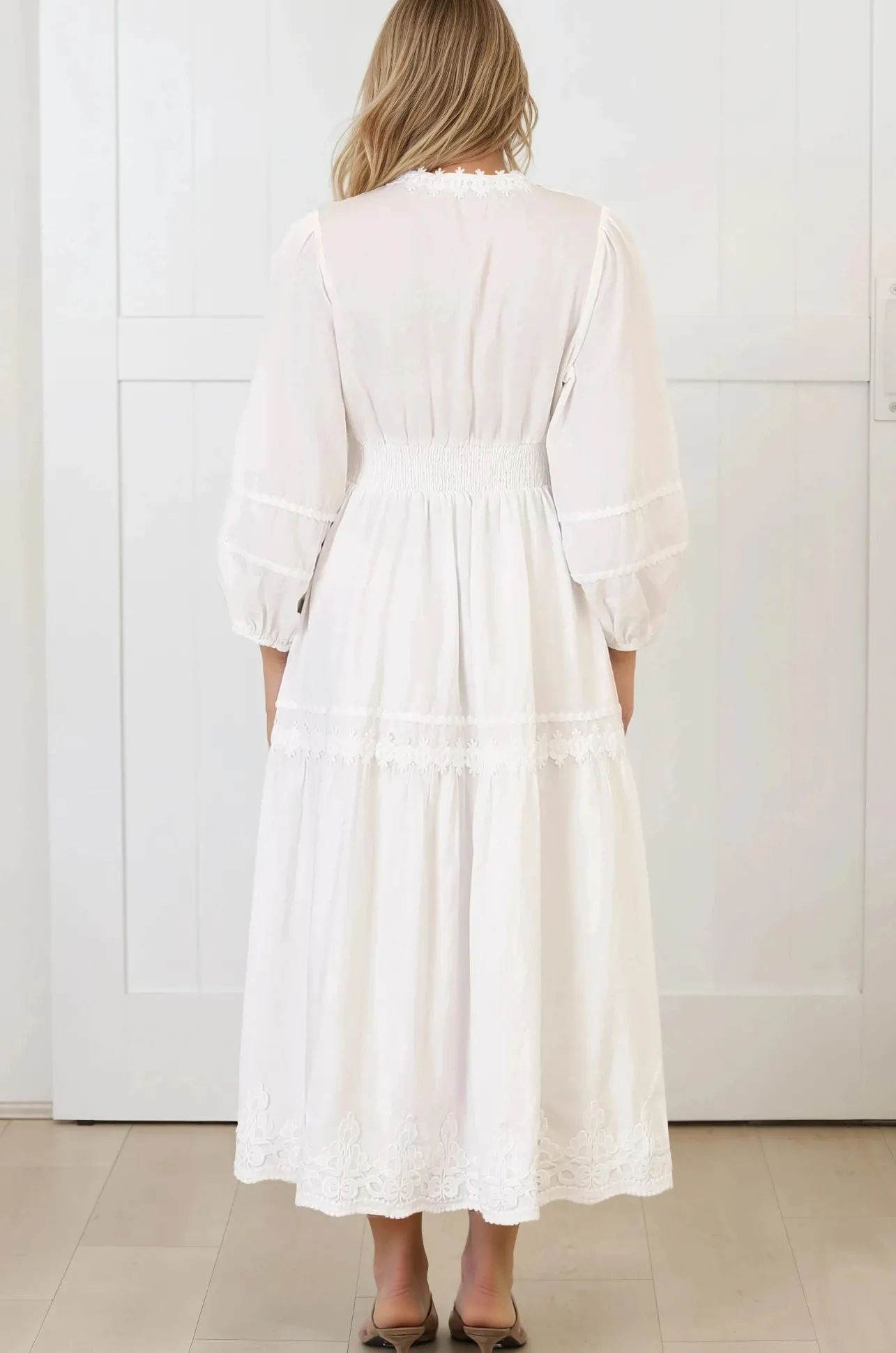Elowyn Midi Dress - Floral Lace Trim Button Down A Line Dress with Balloon Sleeves in White>Salty Crush Online