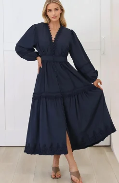 Elowyn Midi Dress - Floral Lace Trim Button Down A Line Dress with Balloon Sleeves in Navy>Salty Crush Best