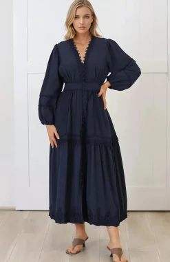 Elowyn Midi Dress - Floral Lace Trim Button Down A Line Dress with Balloon Sleeves in Navy><noscript><img width=