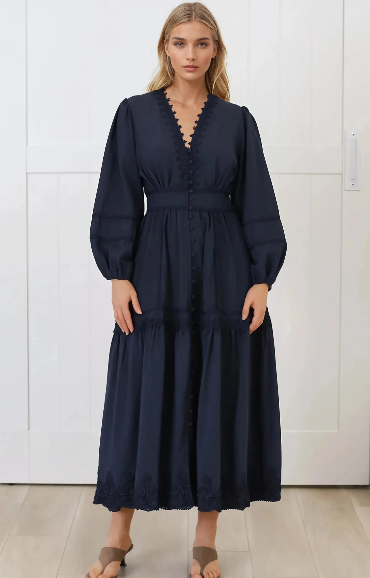 Elowyn Midi Dress - Floral Lace Trim Button Down A Line Dress with Balloon Sleeves in Navy>Salty Crush Best