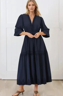 Elowyn Midi Dress - Floral Lace Trim Button Down A Line Dress with Balloon Sleeves in Navy><noscript><img width=