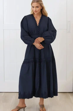 Elowyn Midi Dress - Floral Lace Trim Button Down A Line Dress with Balloon Sleeves in Navy><noscript><img width=