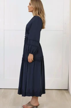 Elowyn Midi Dress - Floral Lace Trim Button Down A Line Dress with Balloon Sleeves in Navy><noscript><img width=