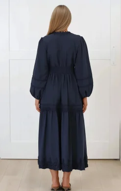 Elowyn Midi Dress - Floral Lace Trim Button Down A Line Dress with Balloon Sleeves in Navy><noscript><img width=