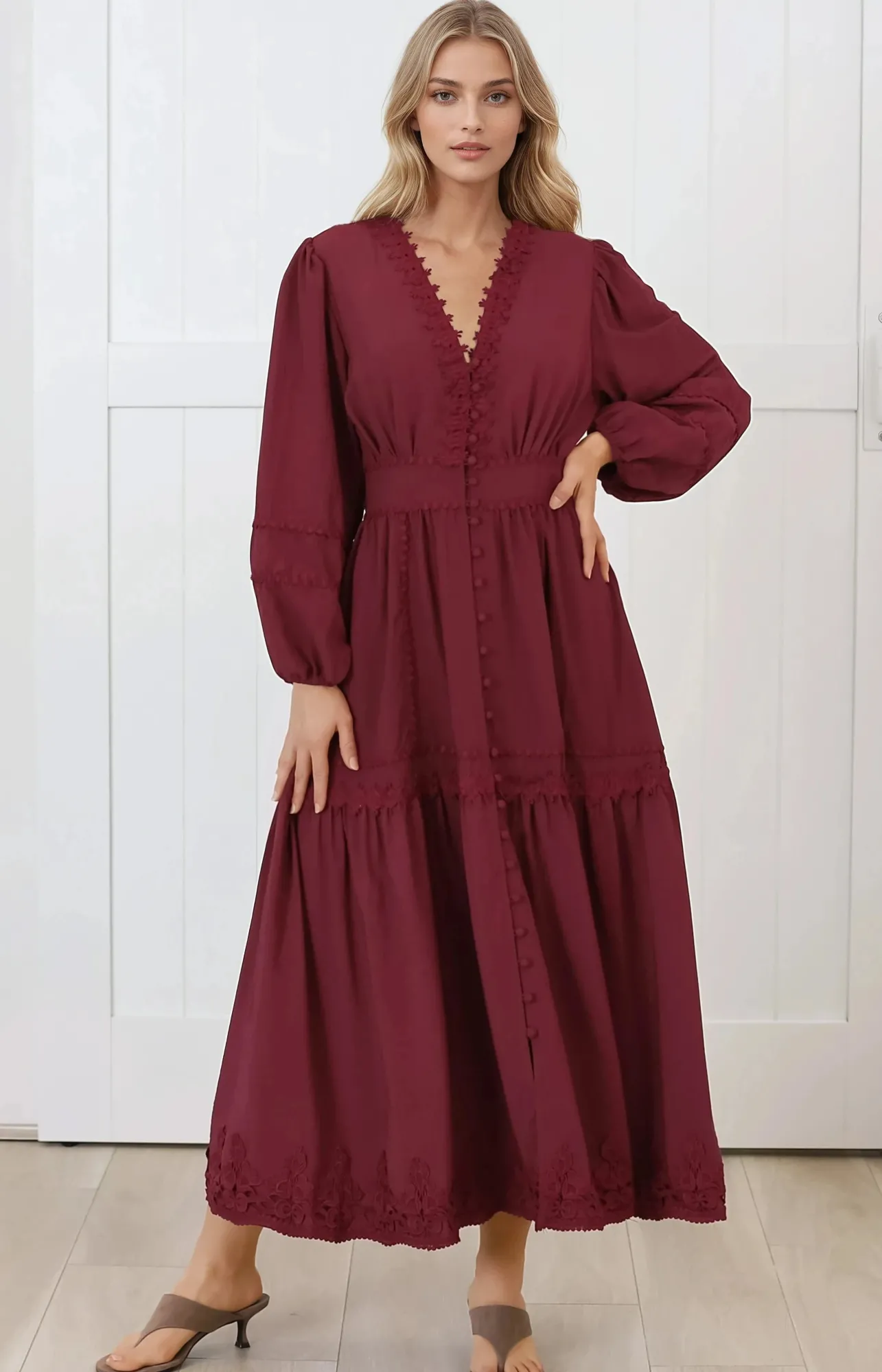 Elowyn Midi Dress - Floral Lace Trim Button Down A Line Dress with Balloon Sleeves in Wine>Salty Crush New