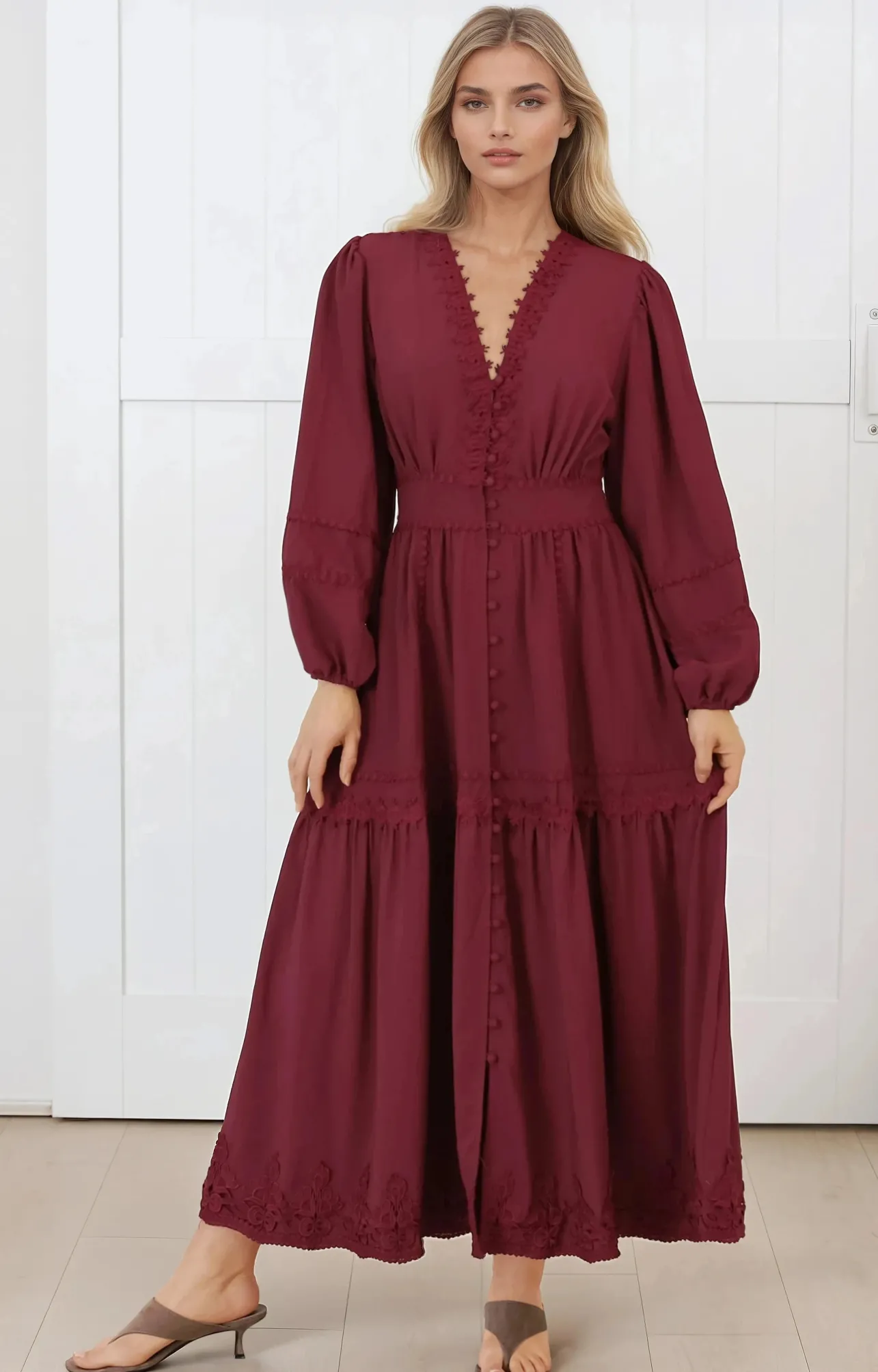 Elowyn Midi Dress - Floral Lace Trim Button Down A Line Dress with Balloon Sleeves in Wine>Salty Crush New