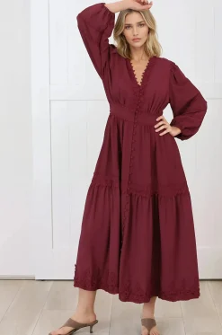 Elowyn Midi Dress - Floral Lace Trim Button Down A Line Dress with Balloon Sleeves in Wine><noscript><img width=