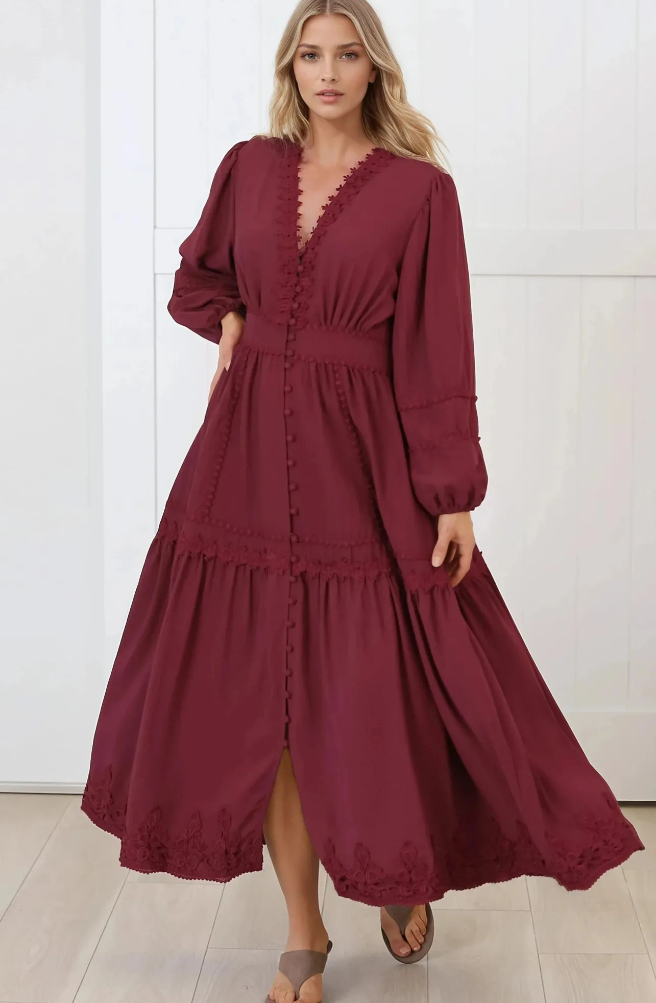 Elowyn Midi Dress - Floral Lace Trim Button Down A Line Dress with Balloon Sleeves in Wine>Salty Crush New