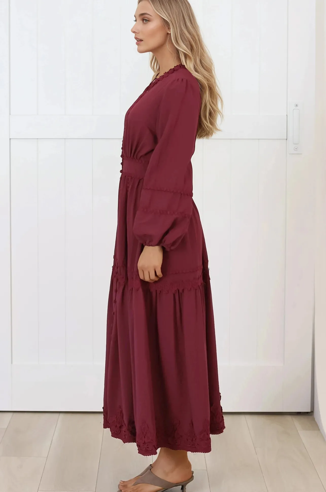 Elowyn Midi Dress - Floral Lace Trim Button Down A Line Dress with Balloon Sleeves in Wine>Salty Crush New