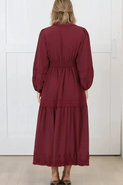 Elowyn Midi Dress - Floral Lace Trim Button Down A Line Dress with Balloon Sleeves in Wine><noscript><img width=
