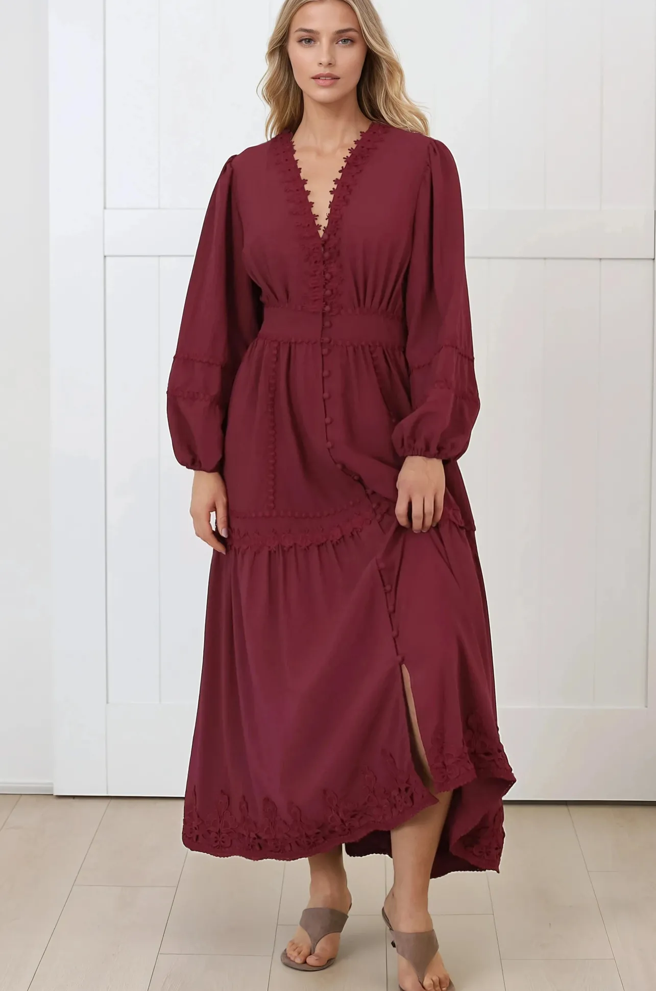 Elowyn Midi Dress - Floral Lace Trim Button Down A Line Dress with Balloon Sleeves in Wine>Salty Crush New