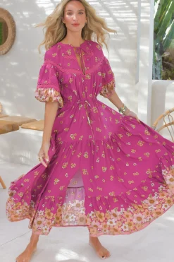 Elsa Maxi Dress: Lace Detailed Bodice with Pull Tie Waist Dress in Bee Orchid Print><noscript><img width=