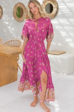 Elsa Maxi Dress: Lace Detailed Bodice with Pull Tie Waist Dress in Bee Orchid Print><noscript><img width=