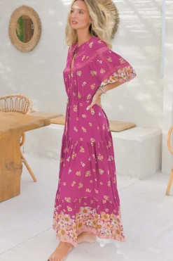Elsa Maxi Dress: Lace Detailed Bodice with Pull Tie Waist Dress in Bee Orchid Print><noscript><img width=
