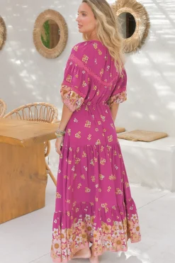 Elsa Maxi Dress: Lace Detailed Bodice with Pull Tie Waist Dress in Bee Orchid Print><noscript><img width=