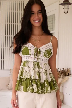 Elsie Cami - Lace Detailed V-Neck Cami with Frill Splicing in Emery Print><noscript><img width=