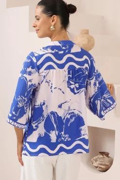 Elysia Blouse - Deep V Neck Button Down 3/4 Sleeve Top in Katiya Print><noscript><img width=
