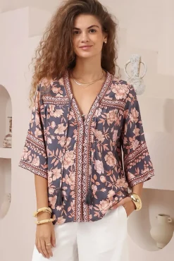 Elysia Blouse - Deep V Neck Button Down 3/4 Sleeve Top in Leandra Print>Salty Crush
