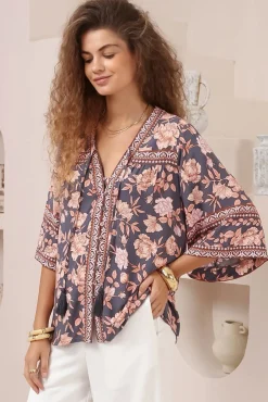 Elysia Blouse - Deep V Neck Button Down 3/4 Sleeve Top in Leandra Print><noscript><img width=