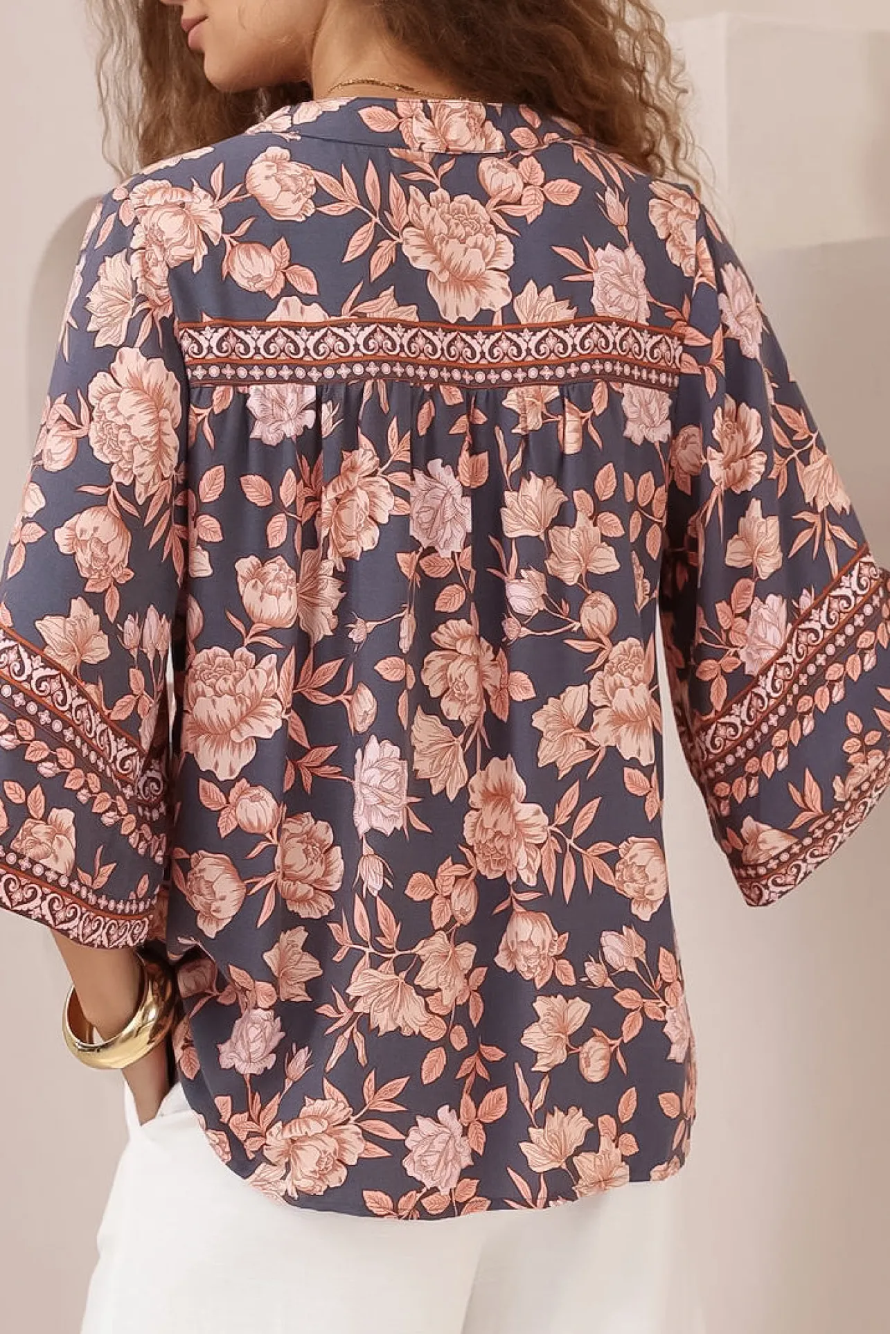 Elysia Blouse - Deep V Neck Button Down 3/4 Sleeve Top in Leandra Print>Salty Crush