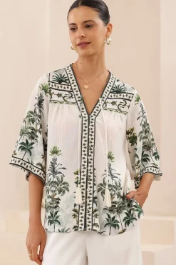 Elysia Blouse - Deep V Neck Button Down 3/4 Sleeve Top in Nessa Print>Salty Crush Hot