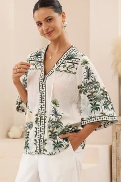 Elysia Blouse - Deep V Neck Button Down 3/4 Sleeve Top in Nessa Print><noscript><img width=