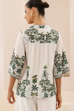 Elysia Blouse - Deep V Neck Button Down 3/4 Sleeve Top in Nessa Print><noscript><img width=