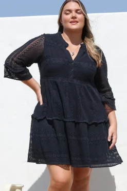 Emberly Mini Dress - Open-Work Lace Dress with Buttoned Bodice in Navy>Salty Crush Discount