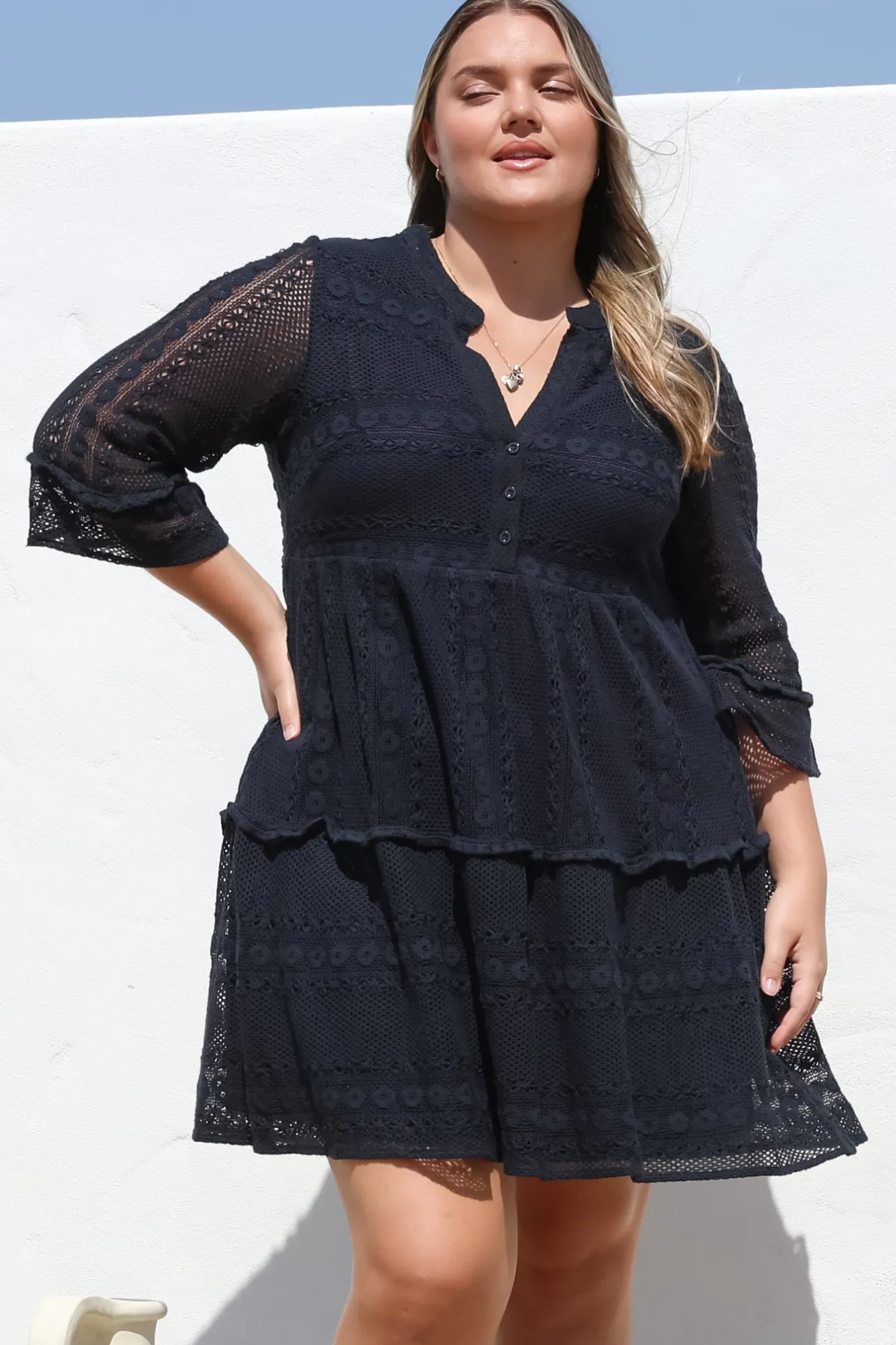 Emberly Mini Dress - Open-Work Lace Dress with Buttoned Bodice in Navy>Salty Crush Discount