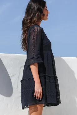 Emberly Mini Dress - Open-Work Lace Dress with Buttoned Bodice in Navy><noscript><img width=